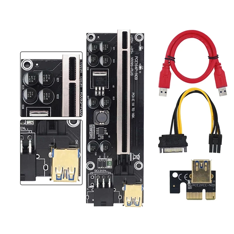 

PCI-E адаптер VER009S Plus PCI-E 1X до 16X 6Pin USB3.0 для майнинга BTC
