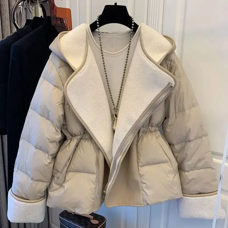

Winter Lamb Wool Patchwork Parka Women Thick Warm Loose Hooded Cotton Padded Jacket Female Korean Style Turn-down collar Outwear