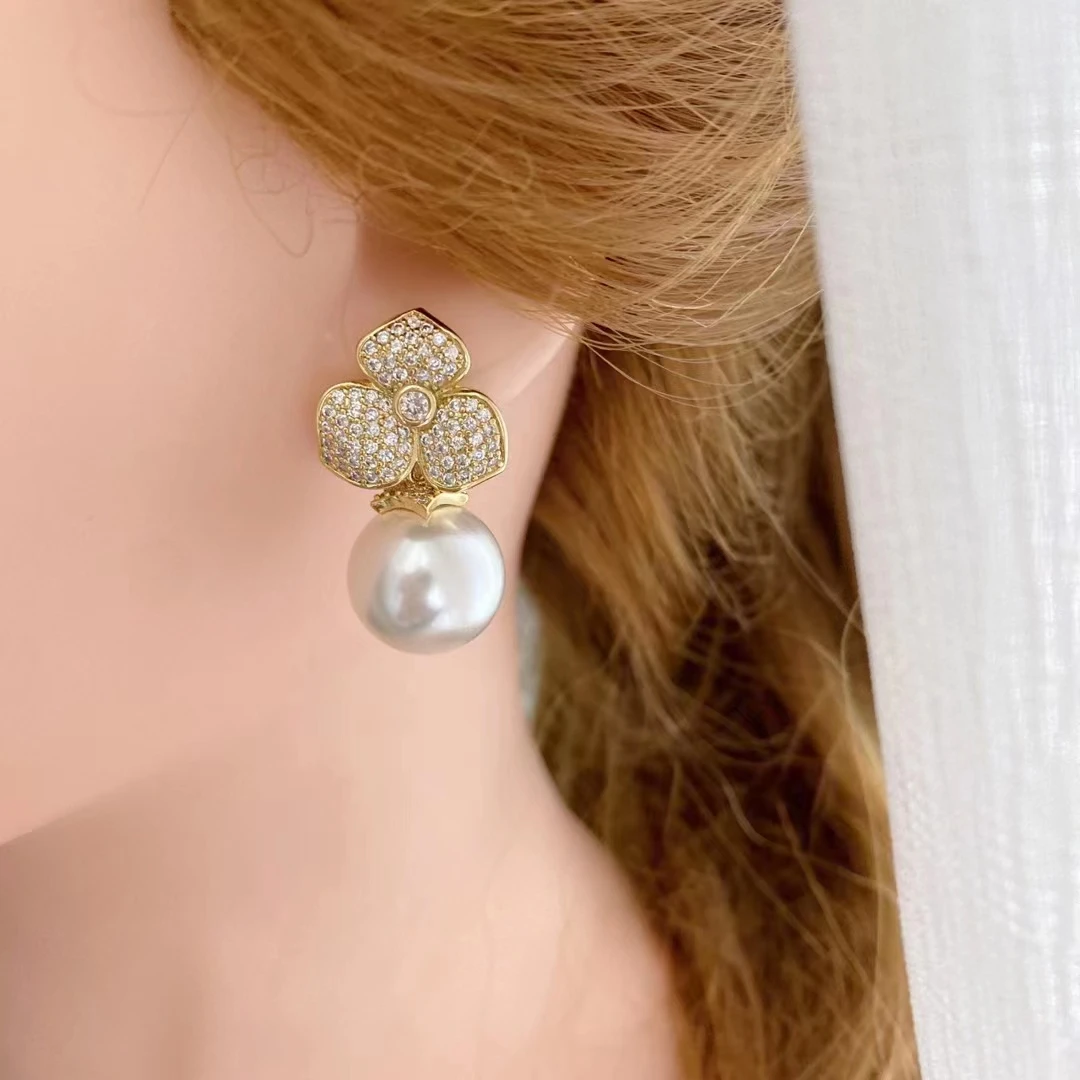 Natural White Keshi Baroque Pearl White Gold Color Plated CZ Paved Stud Dangle Earrings For Women