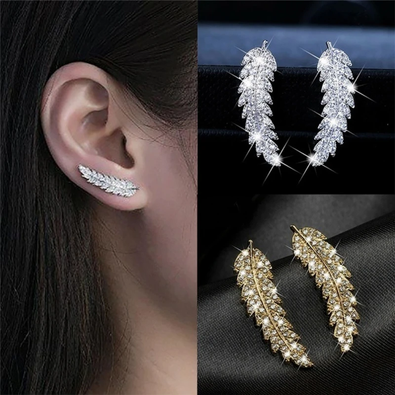 1 Pair Feather Ear Climbers Cuff Earrings Light Luxury Crystal Diamonden Wedding Earrings For Women Jewelry