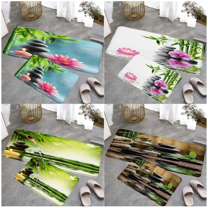 Zen Kitchen Floor Mat S Green Bamboo Running Water Pink Lotus Orchid Stone Nature Scenery Home Decor Tappeto Tappetino Antiscivolo Tappetino Da Bagno