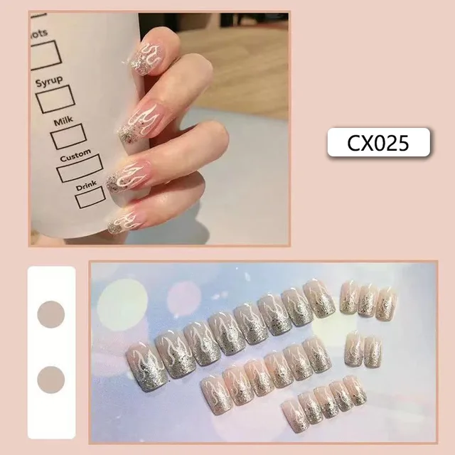 24pcs/box Fake Nails Press on Short Reusable with Designs Set French Artificial Pink False Tipsy Stick-on Nails Tips Art CX025