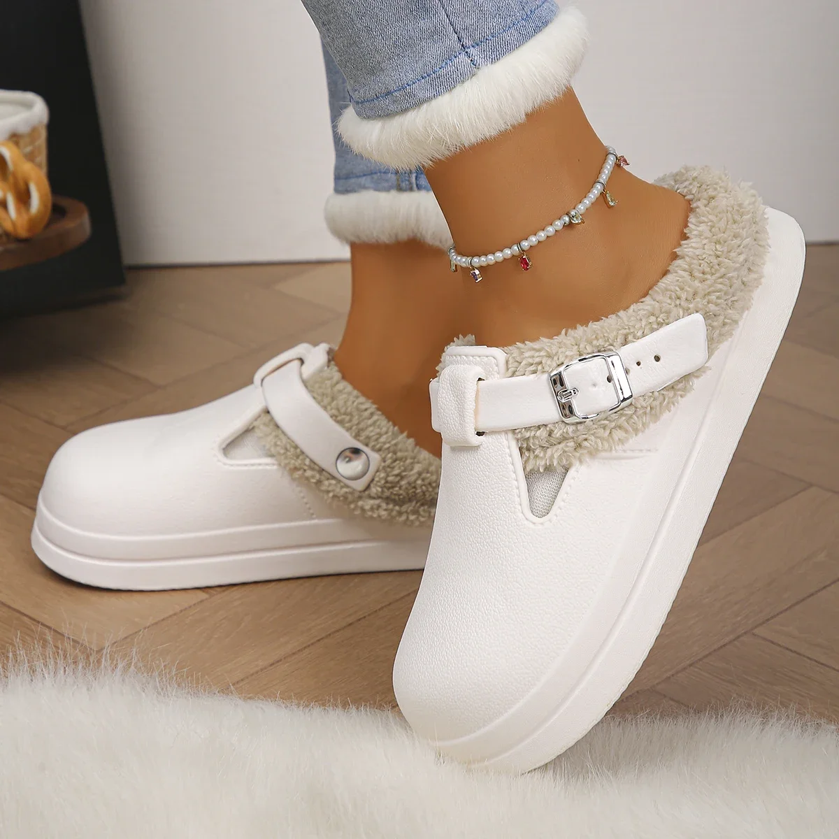 Closed Toe Home Cotton Slippers Women 2025 Winter Buckle Straps Indoor Clogs Shoes Woman Non Slip Flat Heels House Slippers