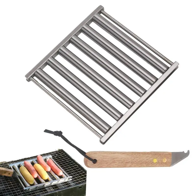 

Stainless Steel Mini Grill Rack Dishwasher Safe Rotatable Griller With Wood Handle Sausage Griller for Barbecue Picnics Camping