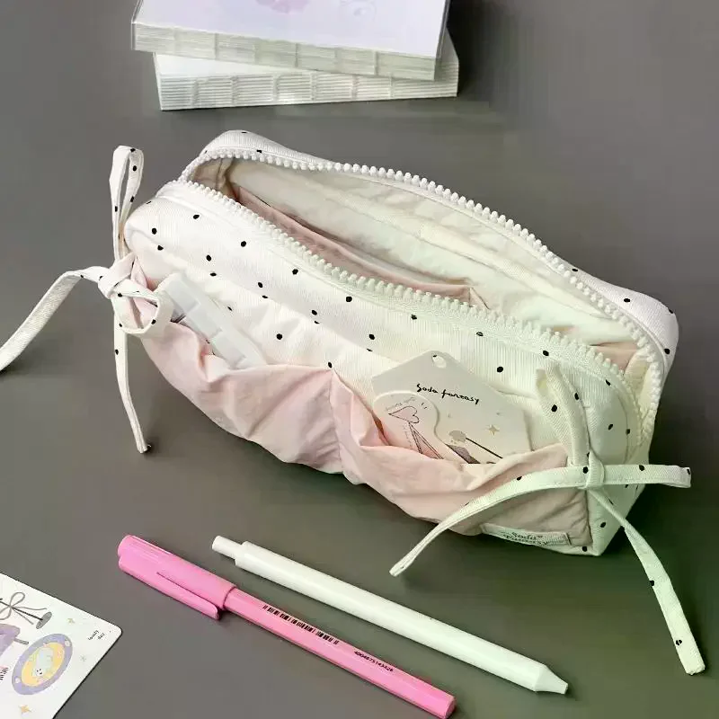 귀여운 폴카 도트 리본 연필 케이스 흰색과 분홍색 액세서리 대용량 지퍼 연필 가방 학생 문구 학교 용품
