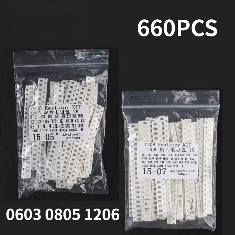 SMD Resistor Kit 0603 0805 1206 1% Resistance Assorted Kit 1 Ohm-1M Ohm Chip Resistors 660PCS