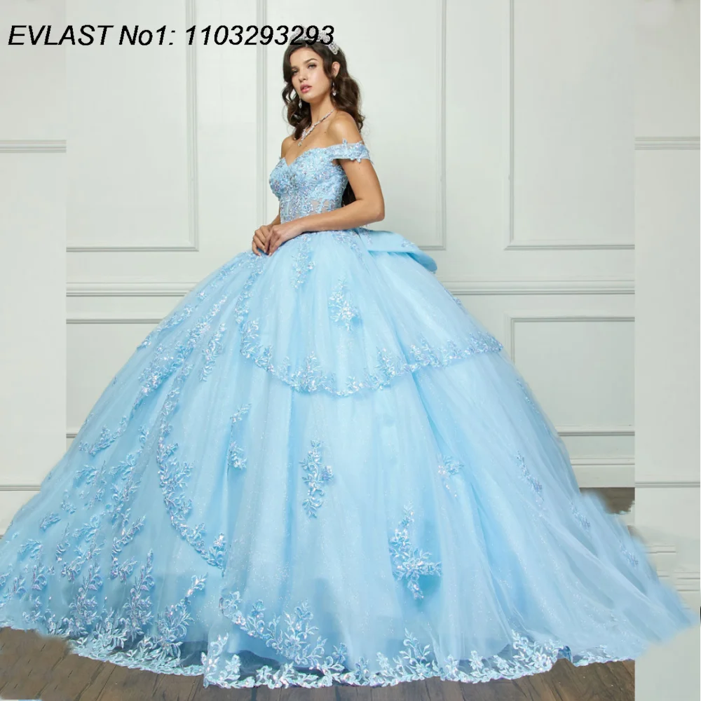 EVLAST Sky Blue Ball Gown Quinceanera Dress Lace Applique Beading Bow Corset Sweet 16 Vestidos De 15 Anos E1Q576