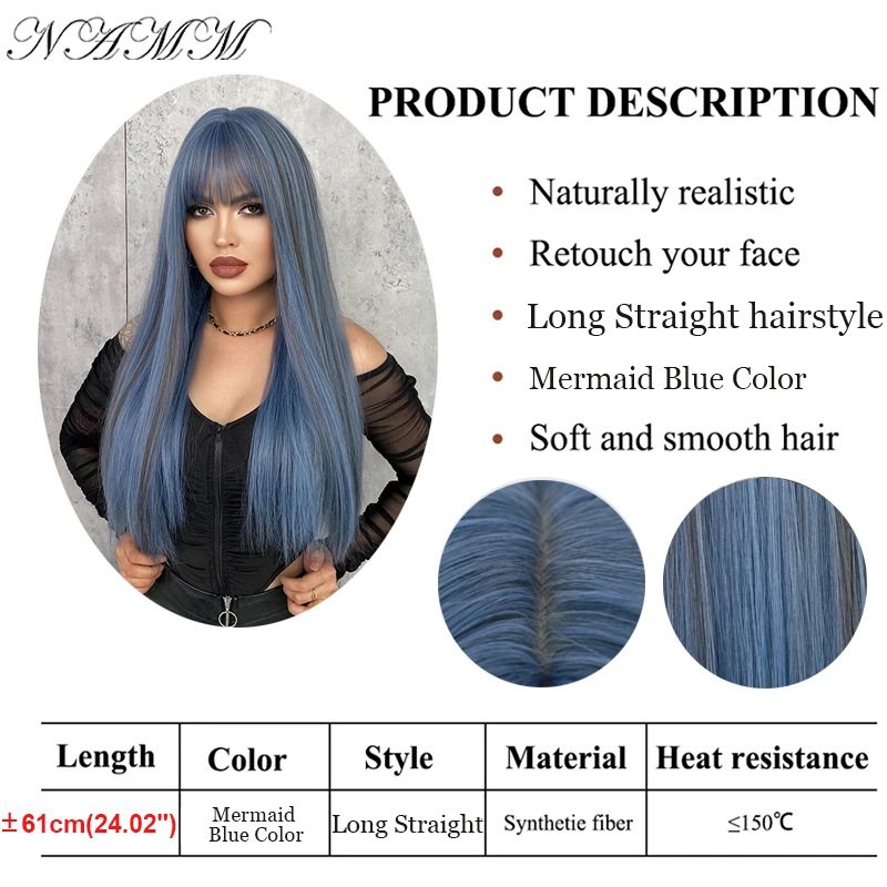 NAMM Fashion Women Synthetic Wigs with Bangs Mermaid Blue Color Long Straight Wigs Cosplay Fake Hair Natural Heat Resistant Wigs