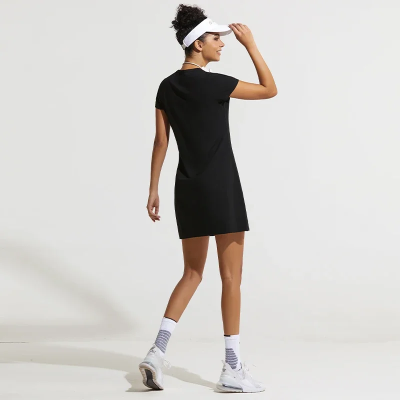 Summer Women Tennis Dress Cotton Female Short Sleeve Black Sport Dress Training Running Fitness Skirt Golf Badminton Suit