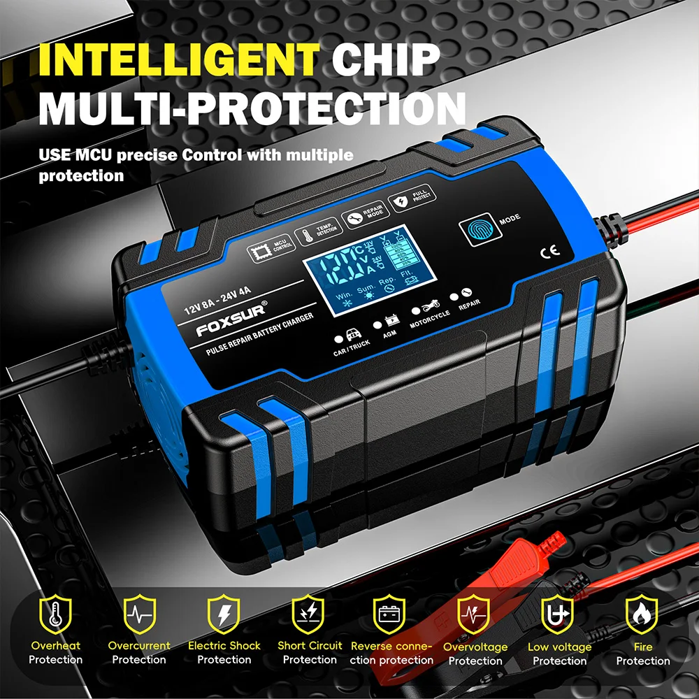 FOXSUR Autobatterieladegerät 12V 8A 24V 4A Touchscreen Pulsreparatur LCD Schnelles Aufladen Nass Trocken Bleisäure Digitales LCD-Display – Detail 4