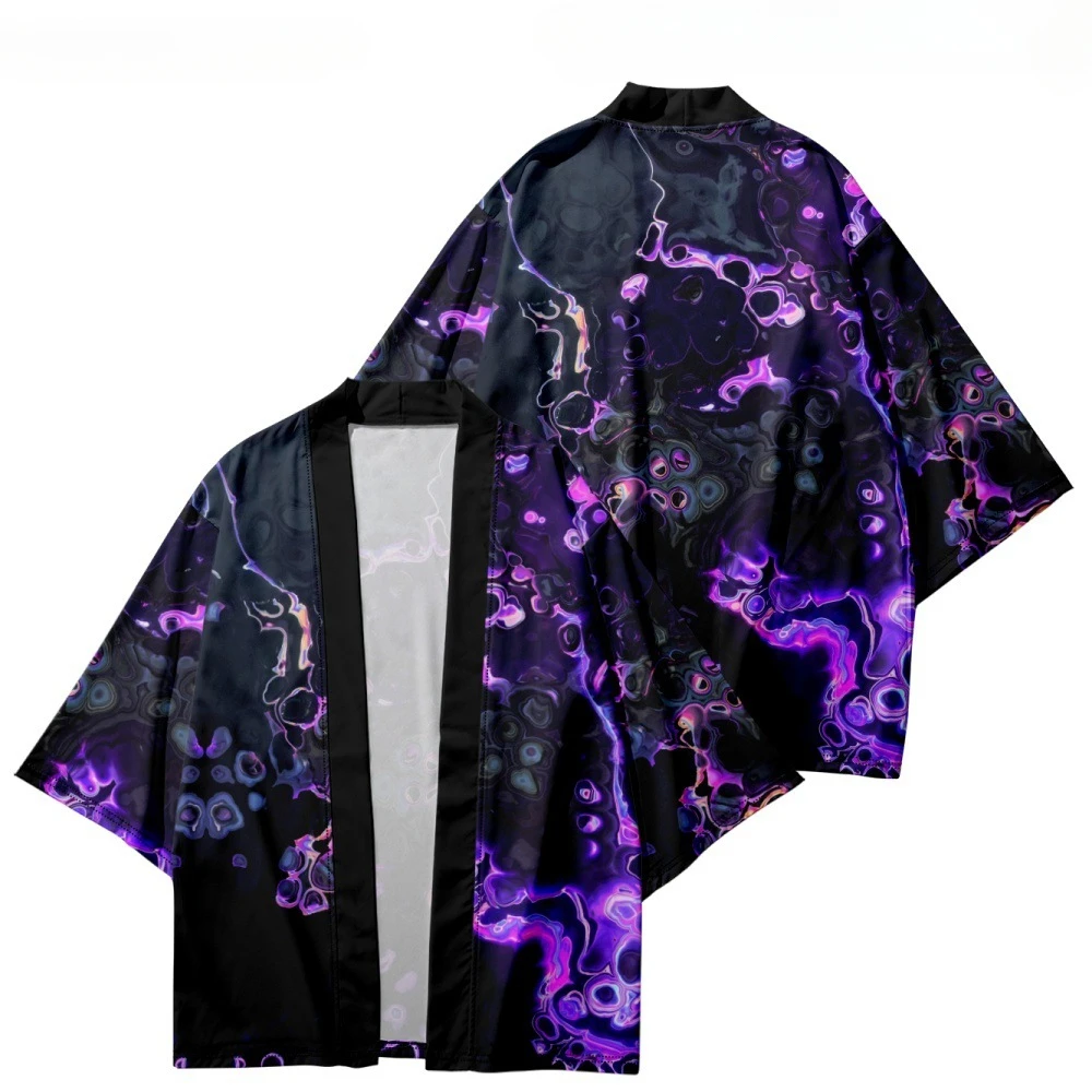 Samurai Beach Cardigans Loose Kimonos Cosplay Tops for Men and Women Capes Blue Flame Print