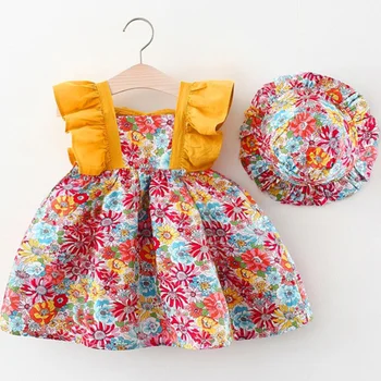 Summer Toddler Girl Clothes Set Baby Beach Dresses Cute Bow Plaid Sleeveless Cotton Newborn Princess Dress+Sunhat 2