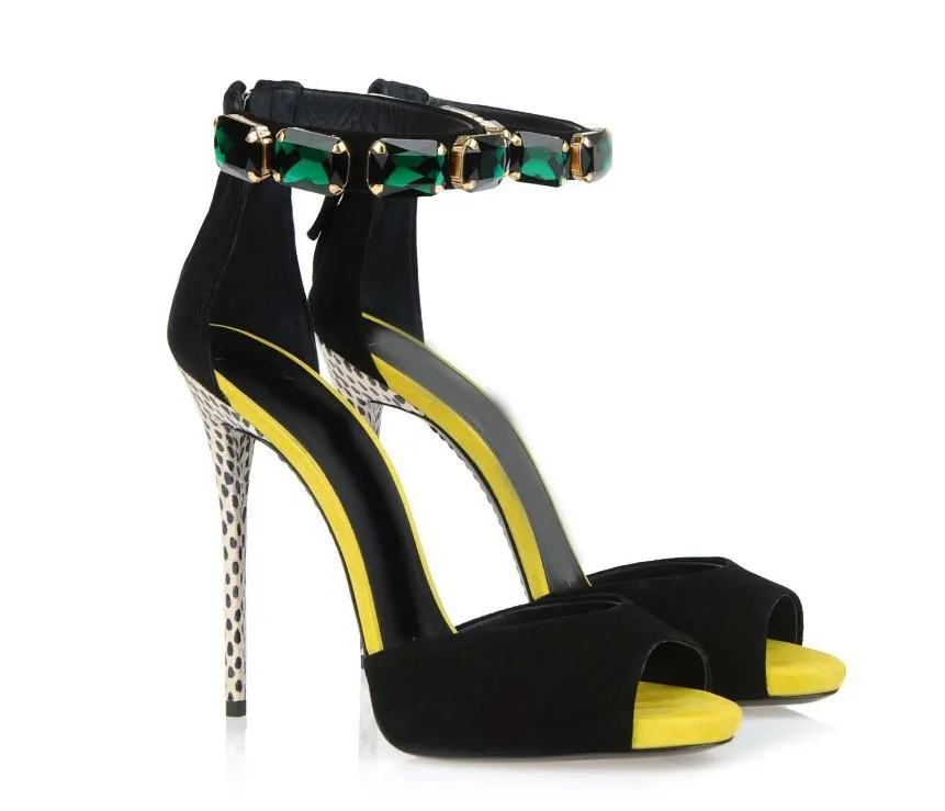 

Summer New Women's Shoes Green Crystal Strap Thin Heel Fish Mouth Sandals Versatile Concise Mixed Colors Super High Heel Sandals