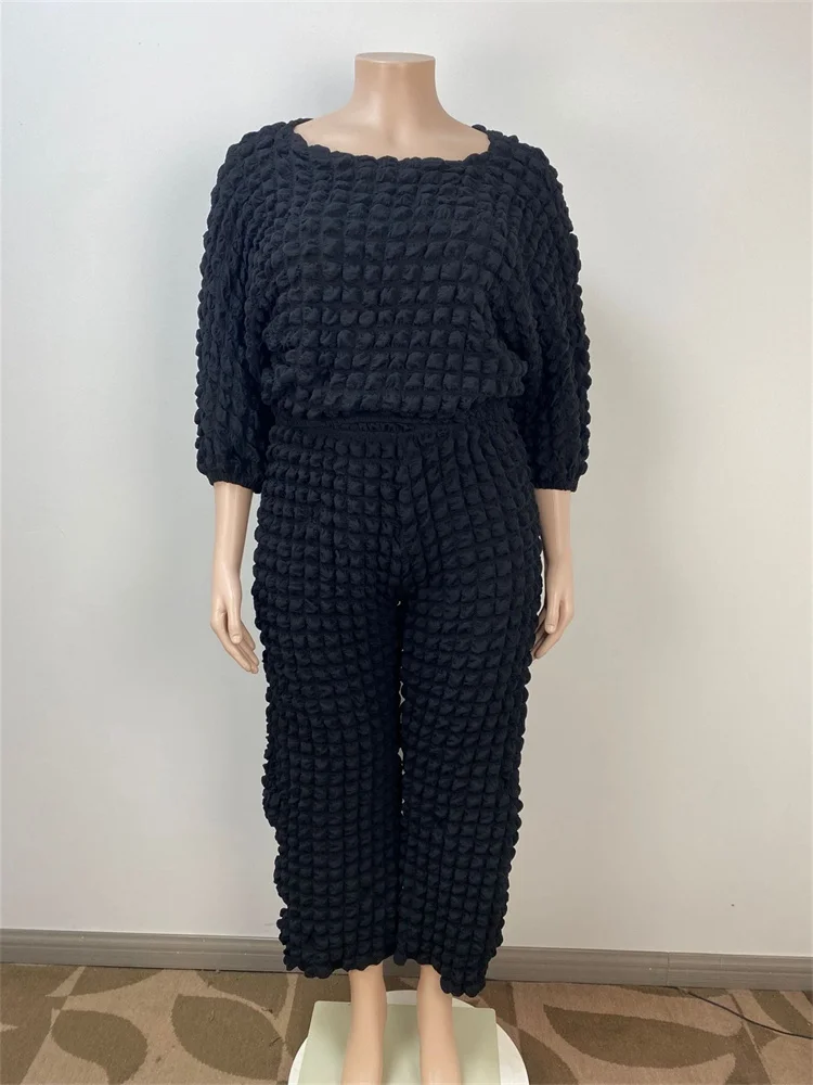 Wmstar Plus Size Two Piece Sets Women Fall Clothing Solid Long Sleeve Tops and Solid Pants Wide Leg New Wholesale Dropshopping