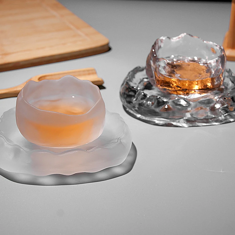 1pc Japanese Style Glass Cup Tasting Transparent/Frozen Tea Cups White Wine Cup Kongfu Master Teacup Tea And Mat 2 Style