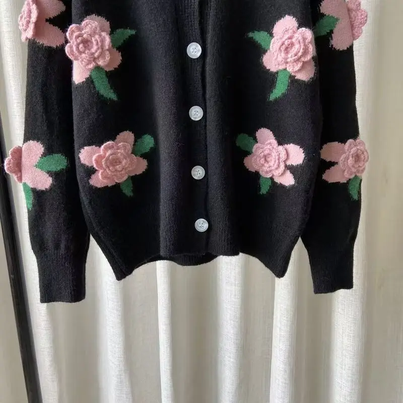 Casual Sweater Female 2023 Cardigan Women Sweater Loose Outer Coat Long Sleeve 3D Flower Round Neck Knitted Cardigan Female 6