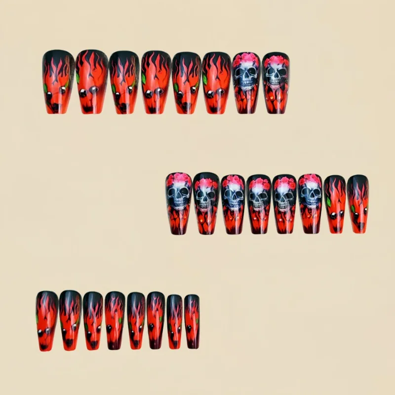 Dark Red Long Ballet Press On Nails With Skull Flower Art Set_voghion.com