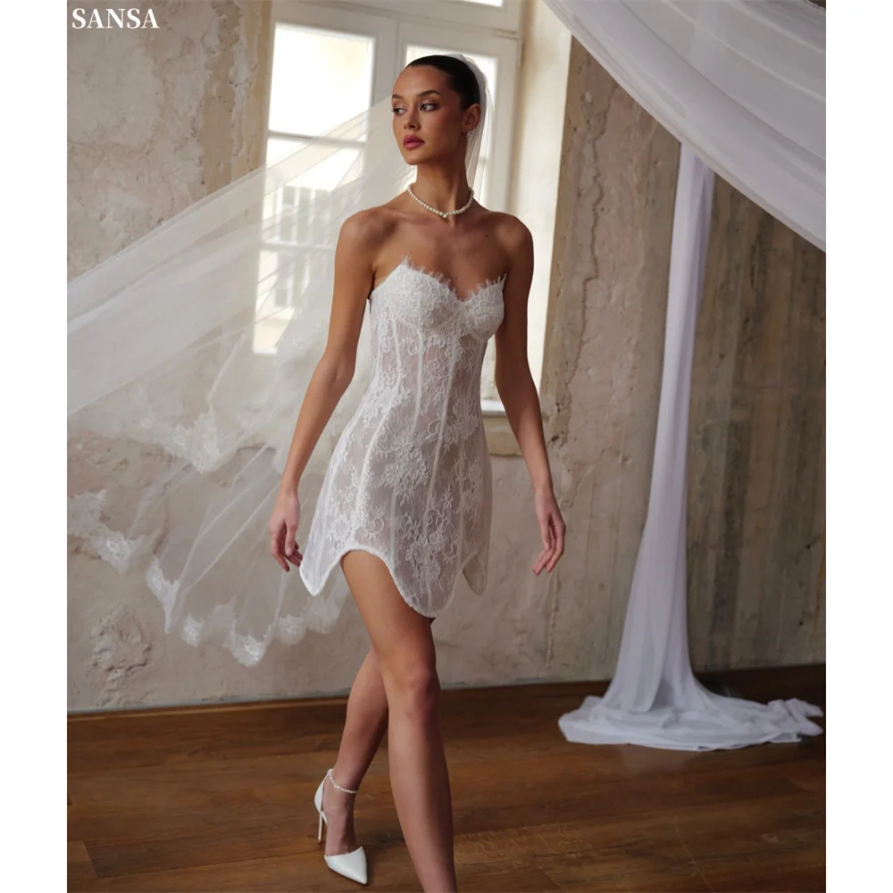 Sansa Customized White Floral Lace Slim Prom Dresses Perspective Asymmetric Hem Vestidos De Noche Strapless Mini Formal Evening 1 Sansa Customized White Floral Lace Slim Prom Dresses Perspective Asymmetric Hem Vestidos De Noche Strapless Mini Formal Evening