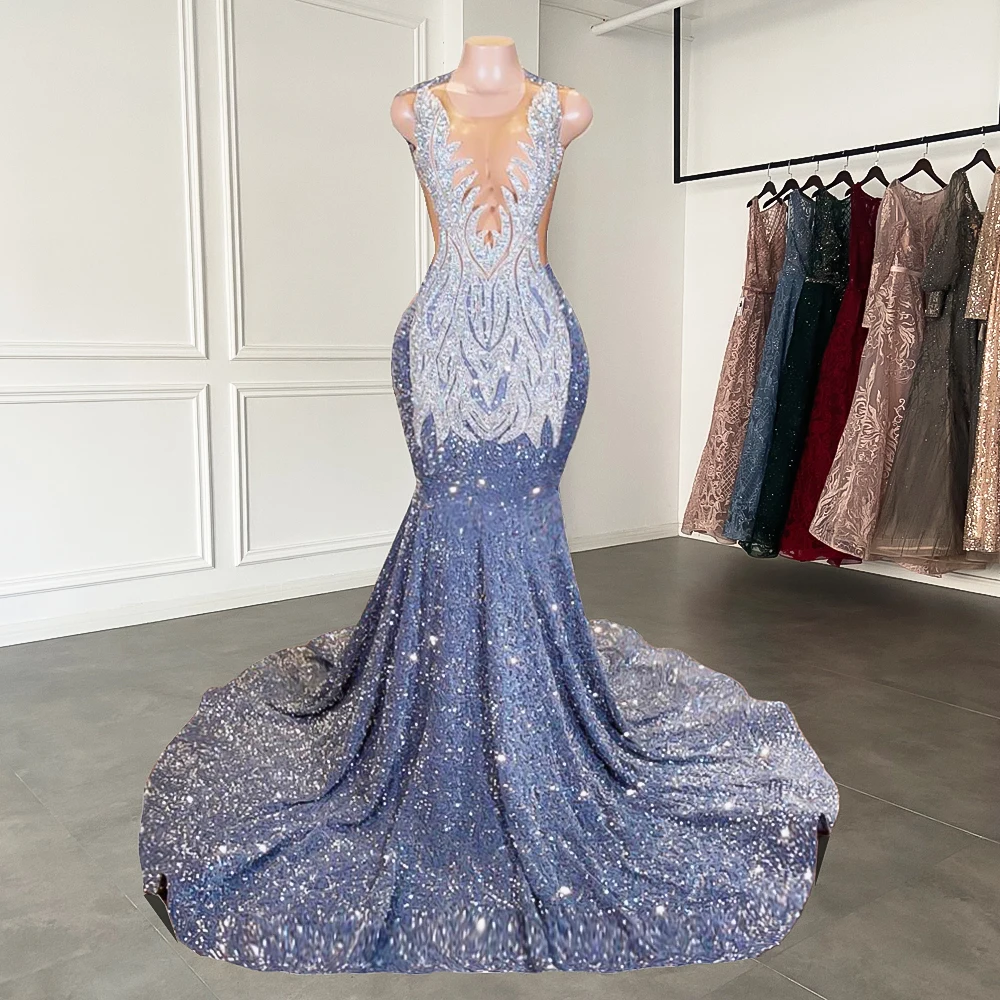 Long Mermaid Prom Dresses 2023 Sparkly Diamond Sheer Scoop Neckline