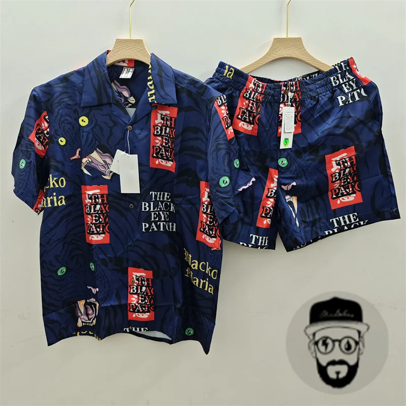 Free shipping treasure blue wacko maria Japanese summer casual loose Hawaiian tiger short sleeved men's and women's set