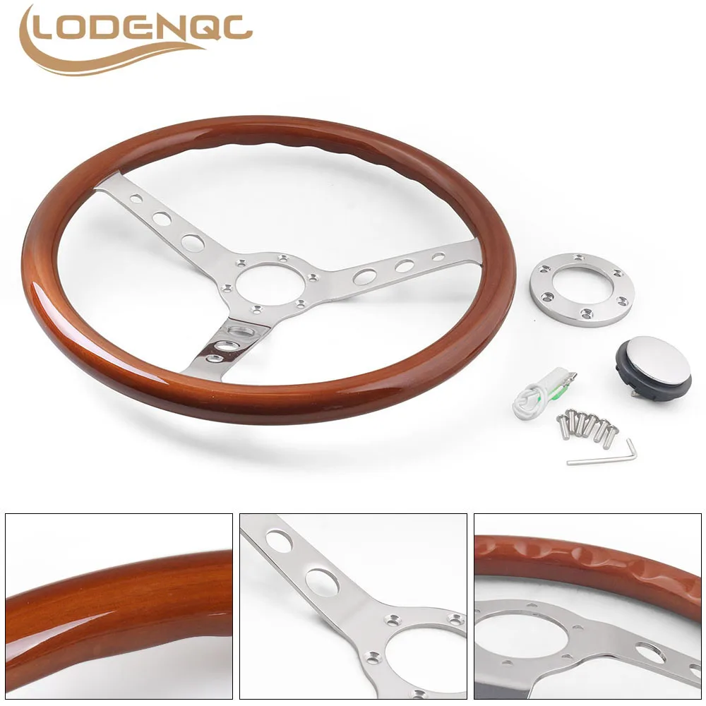 

380MM 15inch Real Wood Steering Wheel & Horn Button 6 Holes Wooden Grain Silver Brushed Spoke Chrome Steering Wheel Depth 55mm