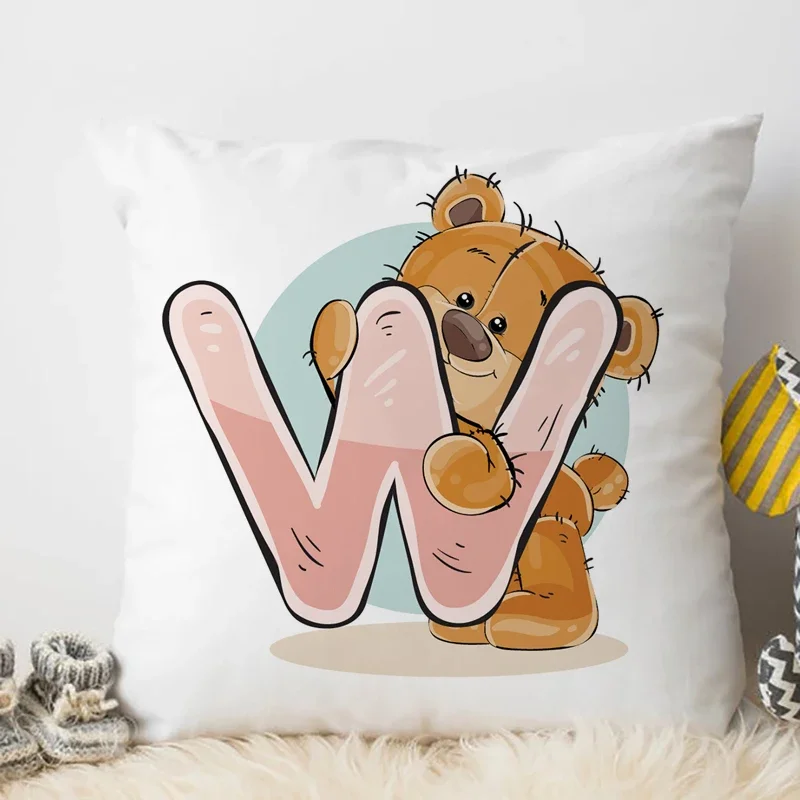 Cushion Cover Cute Cartoon Animal Water Color Q-Z English Letter Print for Children Room Soft 45x45cm