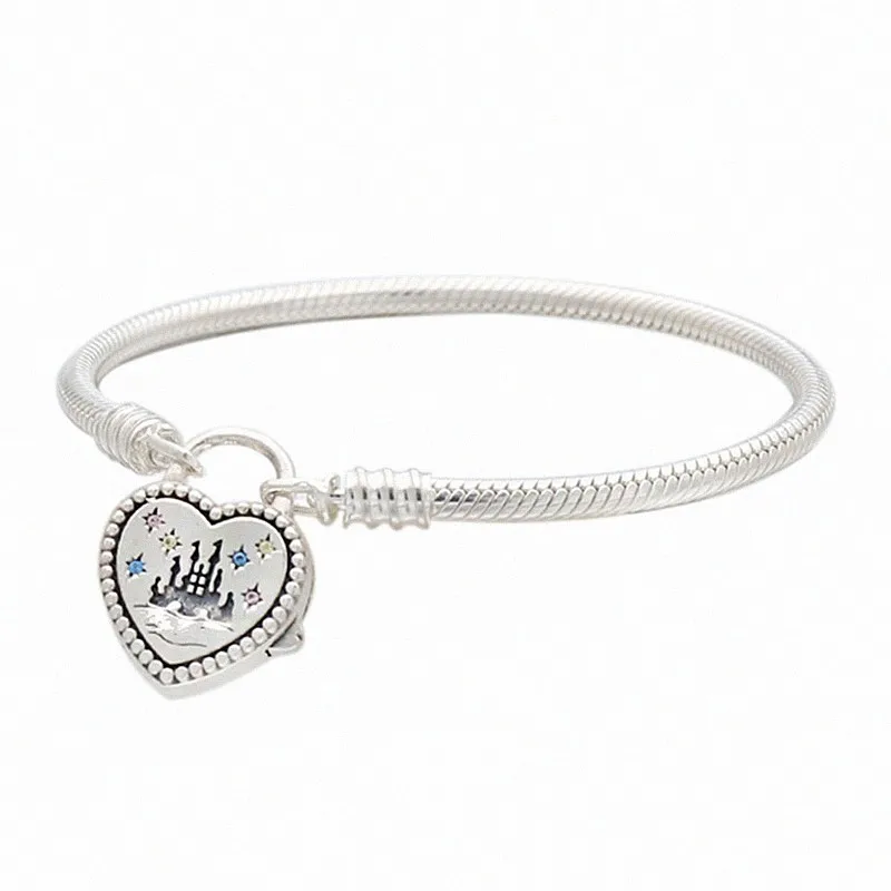 

Authentic 925 Sterling Silver Lock Heart With Crystal Snake Chain Bracelet Bangle Fit Bead Charm Diy Fashion Jewelry