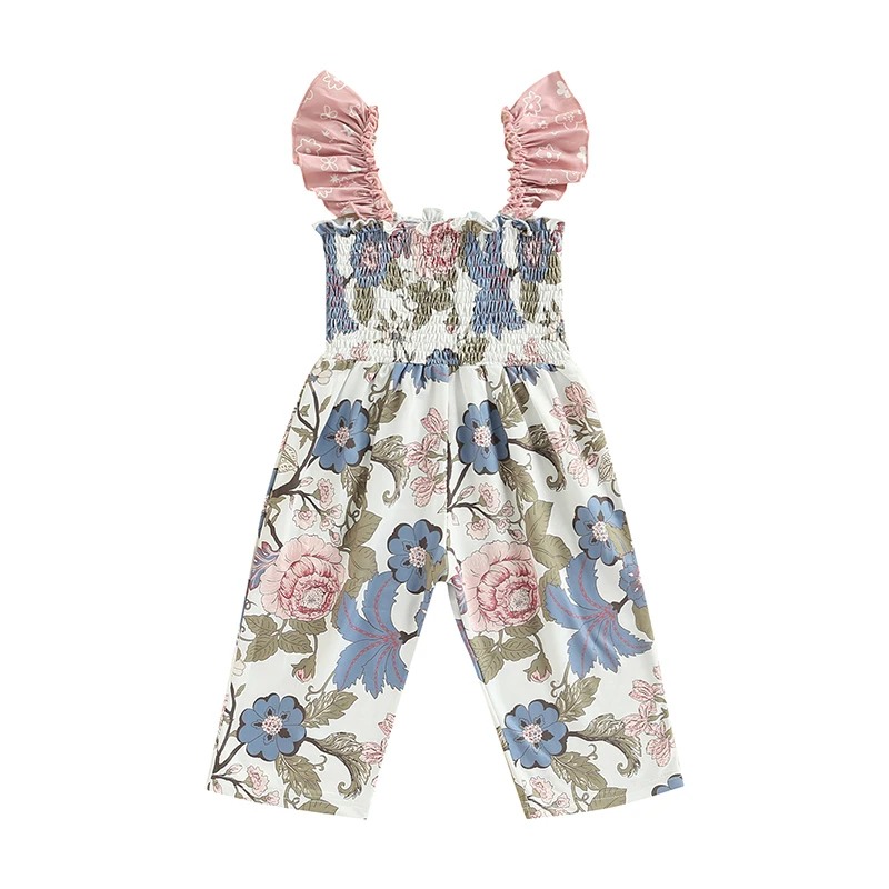 

1-5Y Infant Baby Romper Playsuit Kids Girl Floral Print Square Neck Fly Sleeve Jumpsuit Casual Wear for Spring Summer Clothes
