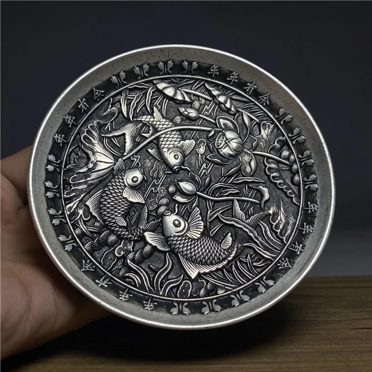 Collection Chinese Tibet Silver Carved Fish Plate Dish Exquisite Statues 4