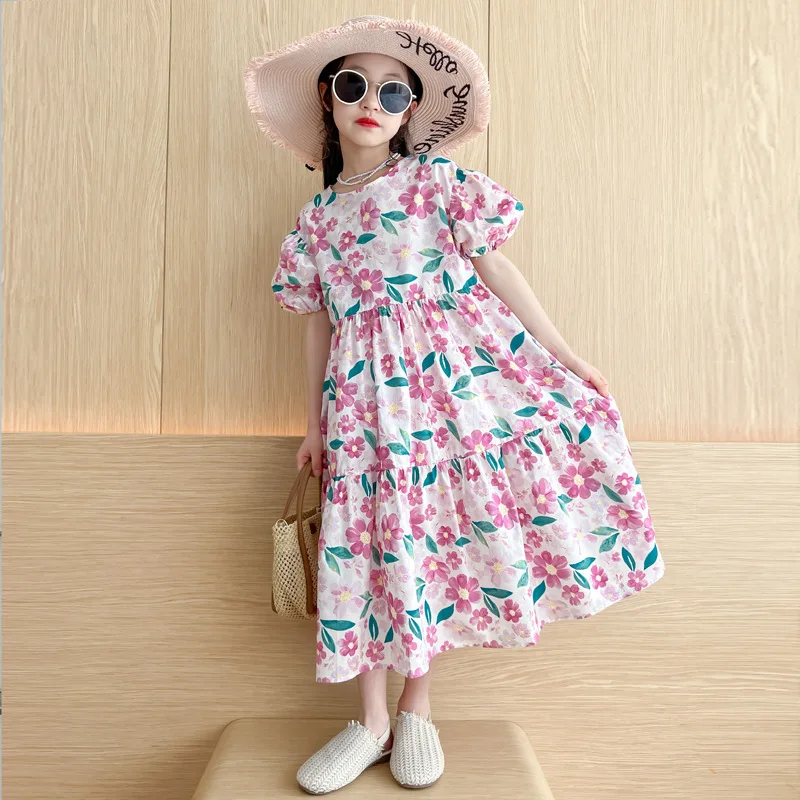 

Girls' Dresses 2023 Summer New Puff Sleeve Floral Dress Cotton Fashion Princess Dress Birthday Dresses Children Casual Clothing