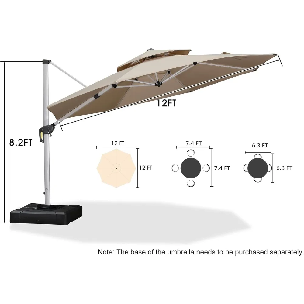 12 Feet Double Top Round Deluxe Patio Umbrella Offset Hanging Umbrella Outdoor Market Umbrella Garden Umbrella, Beig 2