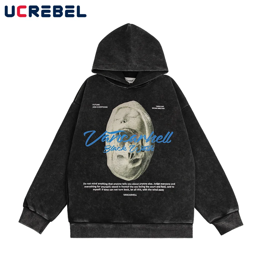 

Skull Print Long Sleeve Sports Pullover Mens Streetwear Washed Distressed Casual Hooded Sweatshirts Men