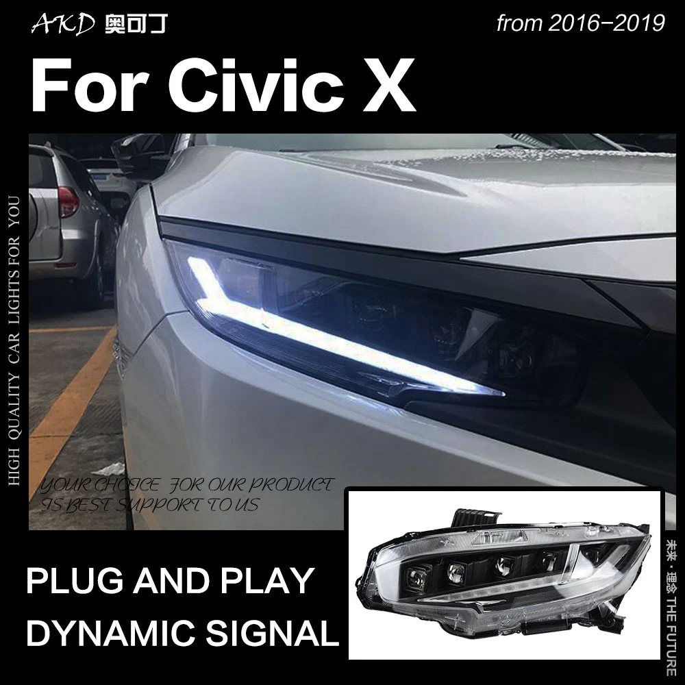 

AKD Front Lamp for Honda Civic X G10 Headlights 2016-2019 New Civic LED Headlight Assembly Upgrade Signal Auto Accessories 2PCS