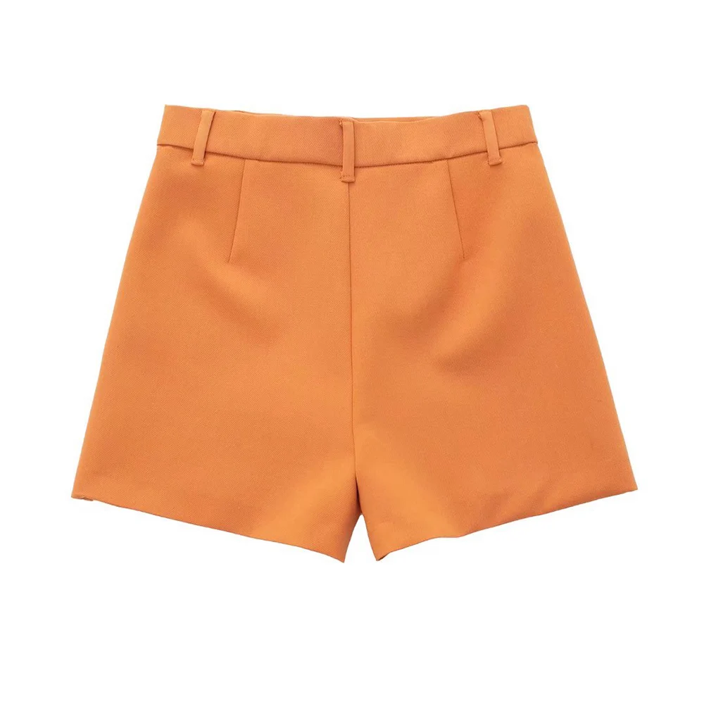 spandex shorts DUOPERI Women Fashion Solid Orange Skirts Shorts Vintage Mid Waist Front Zipper Female Chic Lady Short Pants new hooters shorts