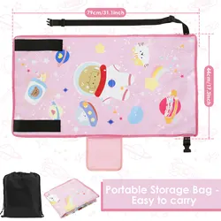 Portable Kids Travel Bed with Storage Bag and Leg Rest Hammock for Airplane and Car Journeys (Pink Cartoon)
