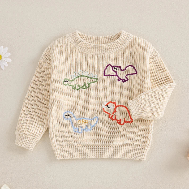  소년 스웨터 캐주얼 귀여운 공룡 자수 따뜻한 니트 긴 소매 풀오버  니트웨어 용