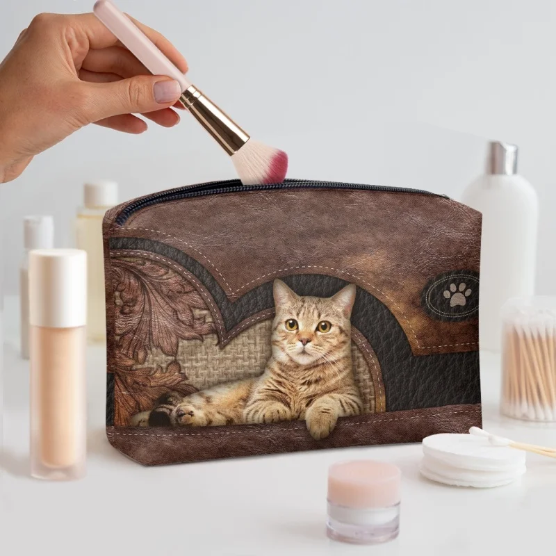 

Hot Selling Cute Cat Leather Animals Zipped Clutch Women Bags Cosmetic Organizer Makeup Bag Large Make Up Purse Portable Handbag