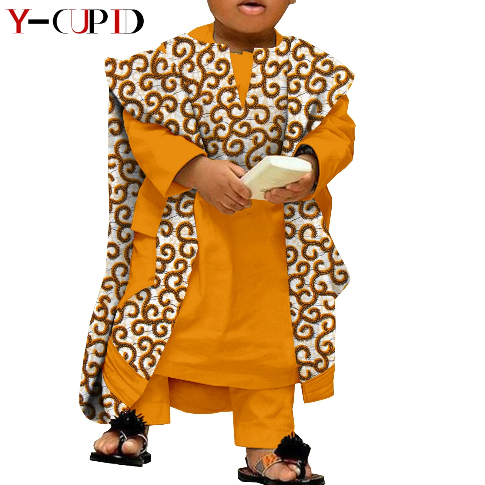 African Clothes for Kids Abaya Boys Outfits Bazin Riche Children Shirt and Pants Print Robes 3 Pieces Sets Ankara Suits S204032