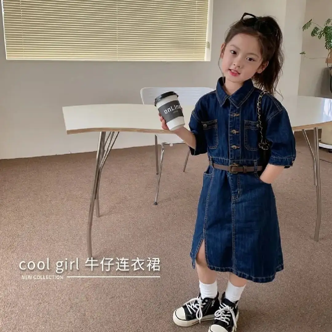 Spring summer baby children kids girl Belt denim casual cotton dresses Children's clothes