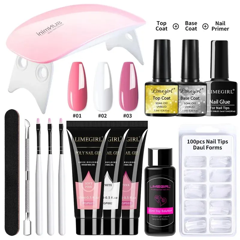 Limegirl 폴리 네일 젤 키트 매니큐어 네일 세트, UV LED 램프, 베이..