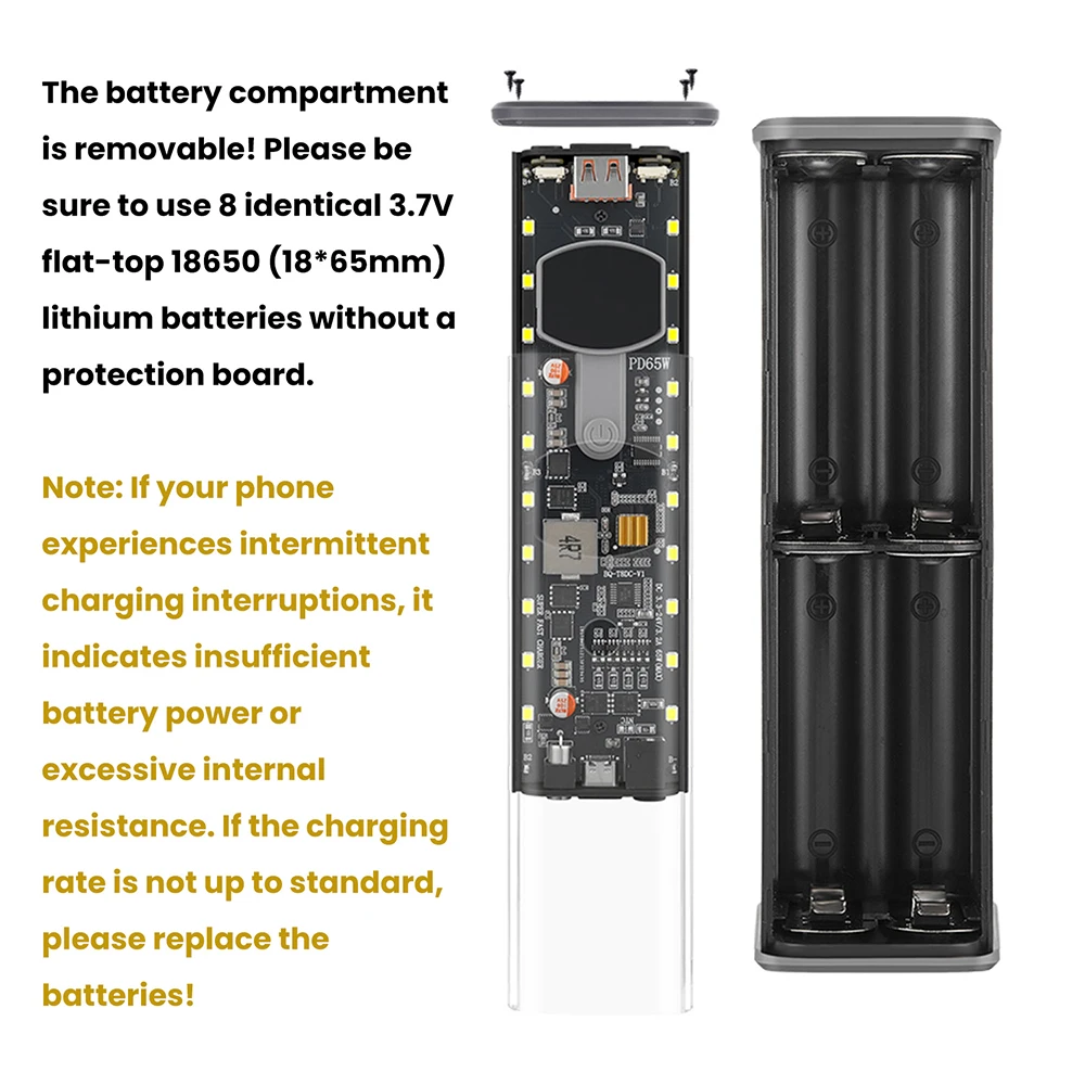 PD 65W Superschnelles Laden Transparentes Powerbank-Gehäuse Lötfreie 8-Zellen 18650 Batteriebox DC-Spannung Einstellbar – Detail 16