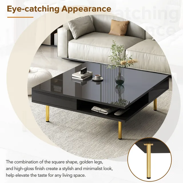 2435-3ccb01.jpg ON-TREND Exquisite High Gloss Coffee Table 4 Golden Legs and 2 Small Drawers 2-Tier Square Center Table for Living Room Black
