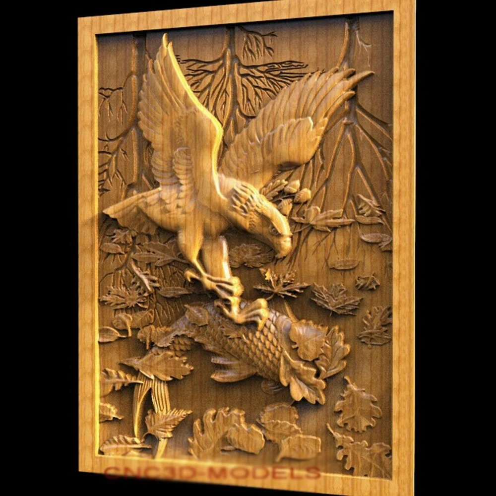 Eagle Catches Fish 3D STL Model for CNC Router Engraving & 3D Printing Relief Support ZBrush Artcam Aspire Cut3D woodtech multi boring machine Woodworking Machinery