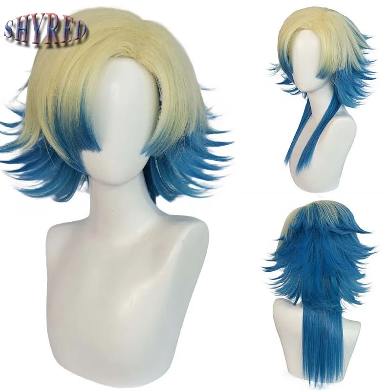 Synthetic Short Mullet Head Wig with Bangs Blonde Gradient Blue Straight Fake Hair for Men Daily Cosplay Costume Anime Halloween