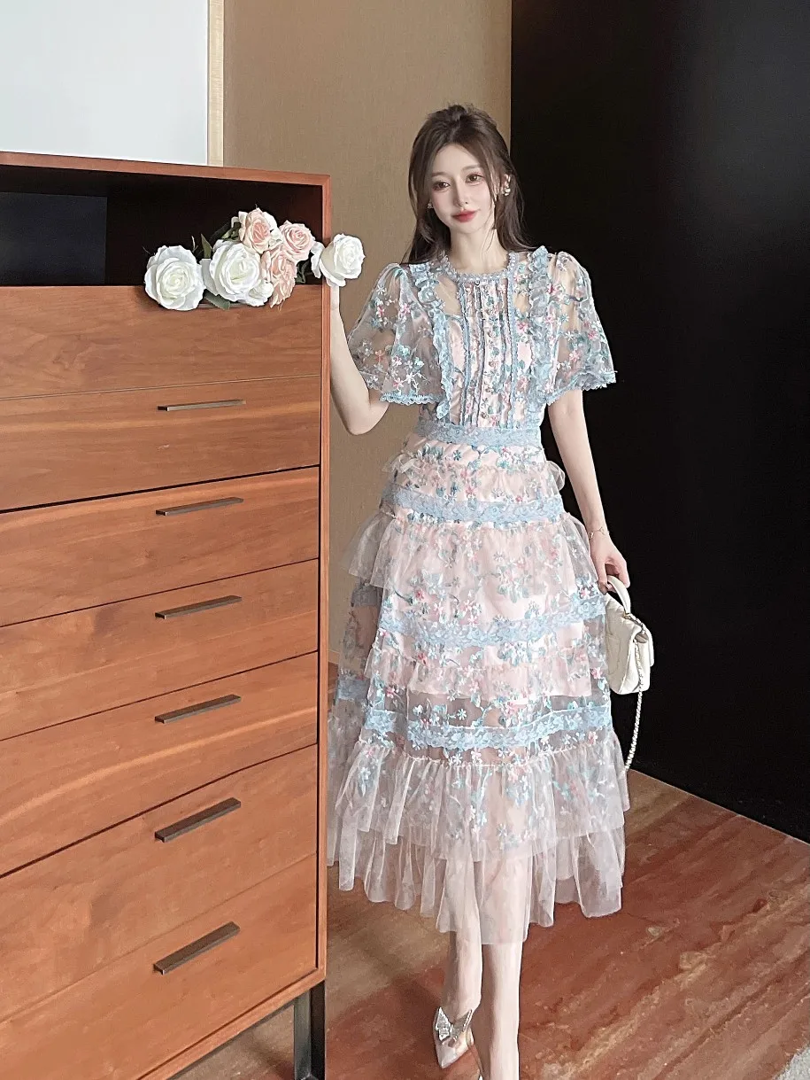 

2024 Summer New French Niche Socialite Style Patchwork or Multi Women's Dress O-Neck Short Sleeved Mid Length Cake Skirt