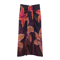 Elegant Women Bohemian Style Floral Print Front Knotted Slim Wrapped Skirt Faldas Mujer Female Summer Zipper Midi Skirts QUN2612