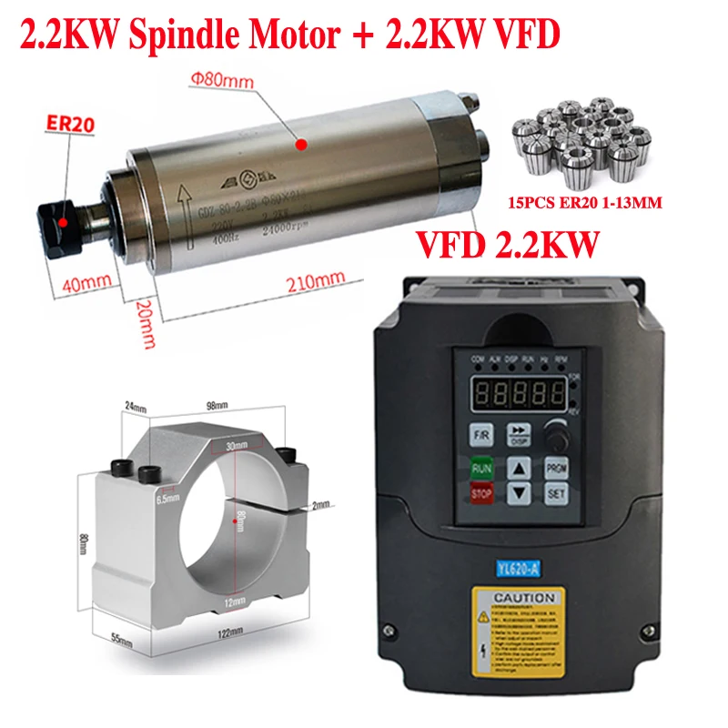 Cncルータ2.2KW 1.5KW周波数変換器vfd可変ドライバ水スピンドルモータ800ワット1500ワット2200ワットER11 ER20チャック  AliExpress