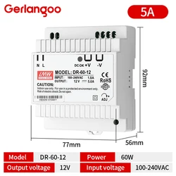 Universal Industrial Din Rail Power Supply Switch, Single Output, 100 - 240VAC Input, Multi - Wattage Options (DR 60W 12V)