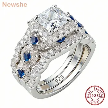 Newshe 3 Pcs Wedding Rings Set for Women 925 Silver 2.6Ct Princess Cut White Blue AAAAA CZ Luxury Bridal Engagement Jewelry 1