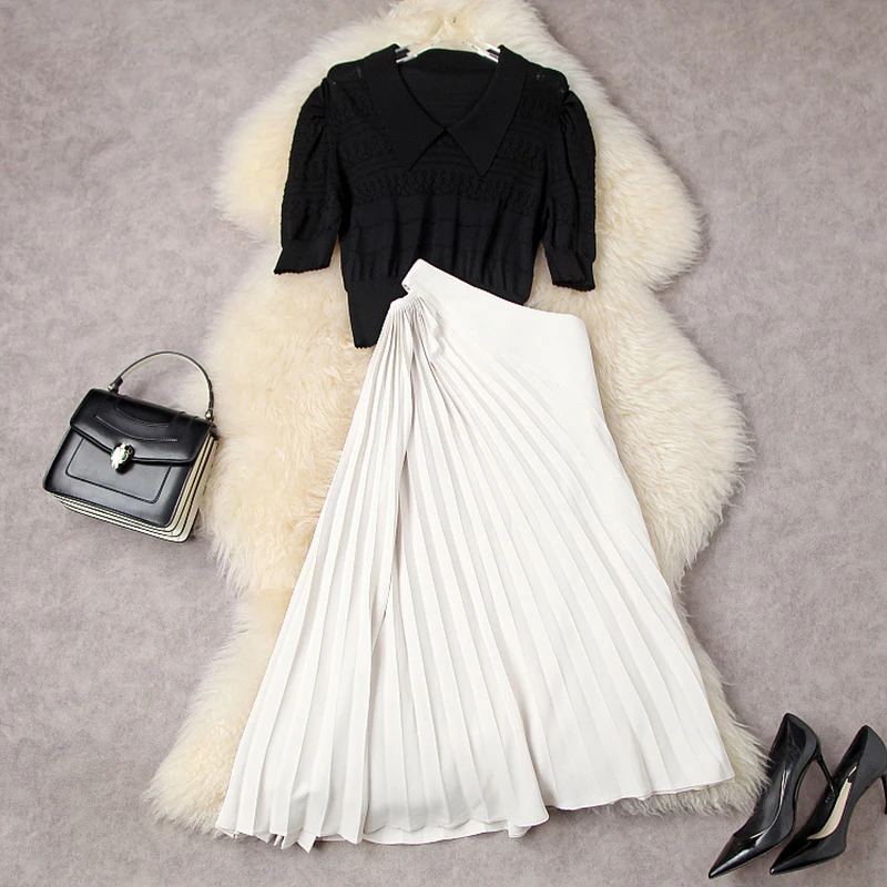 

Women Hollow Out Knit Top + Asymmetric Pleated Skirt Set